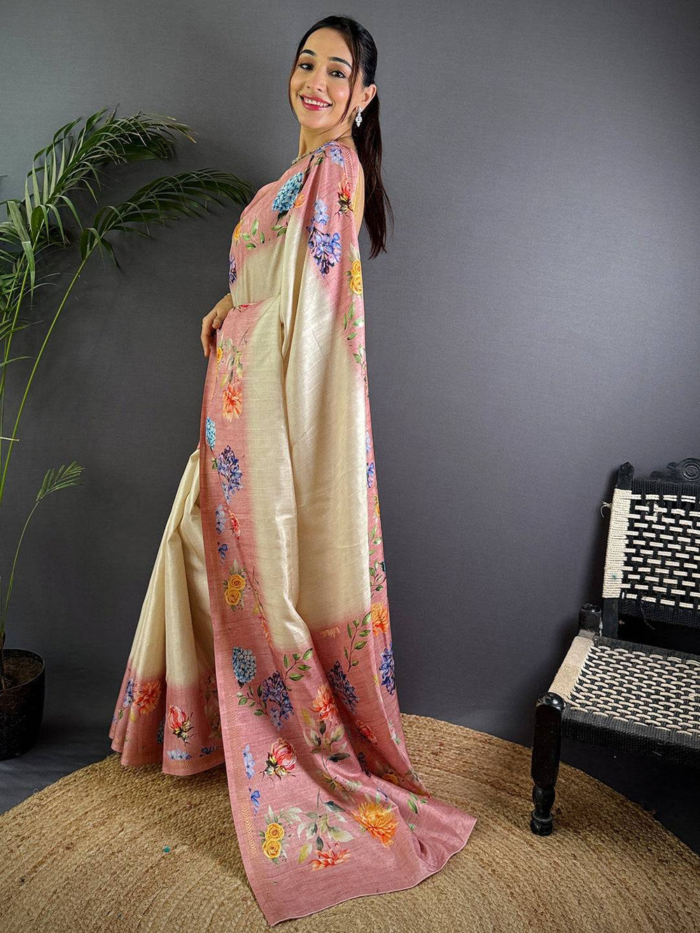Off White Tussar Ghicha Silk Saree