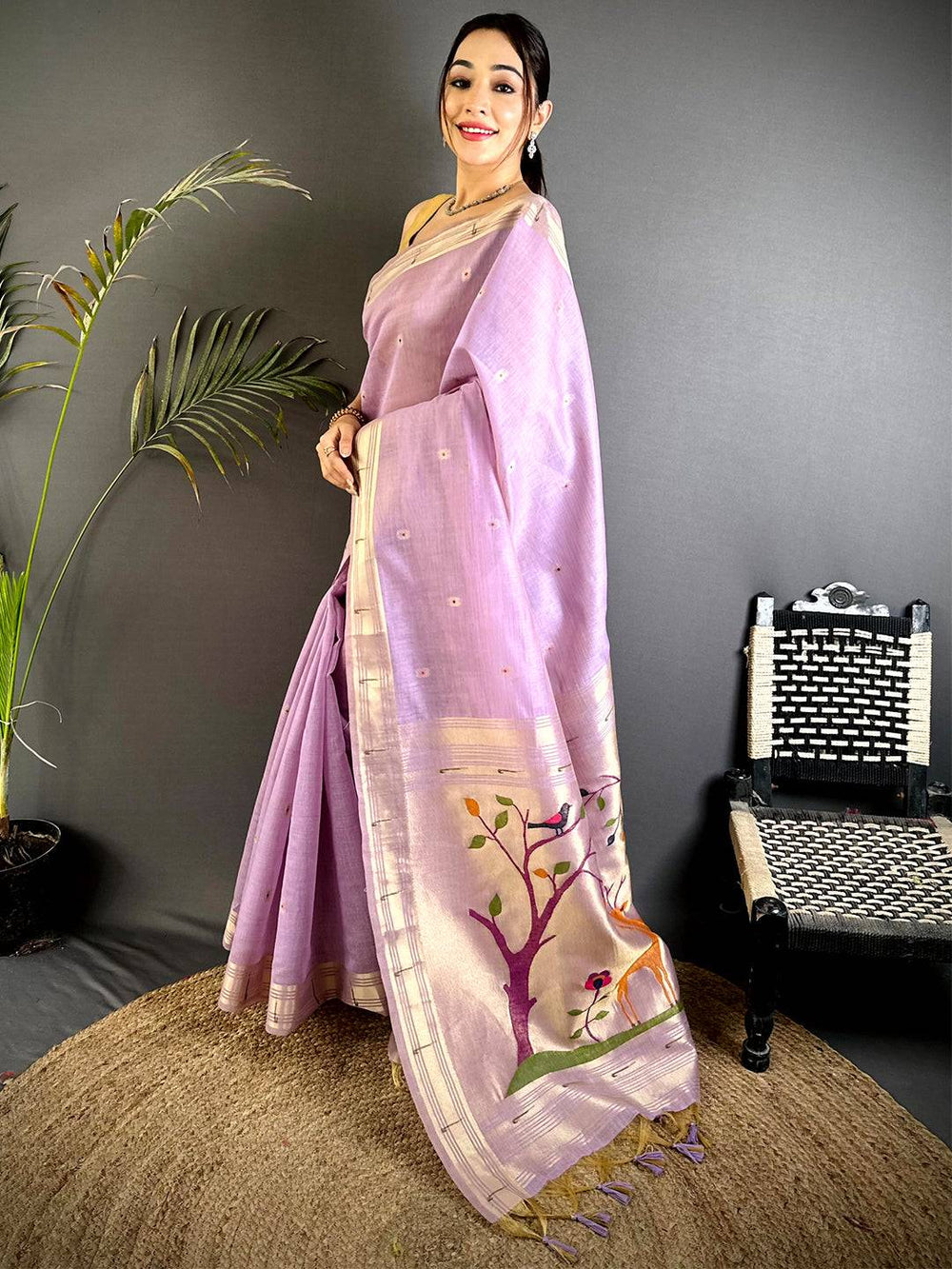 Lavender Minakari Paithani Khadi Linen Saree