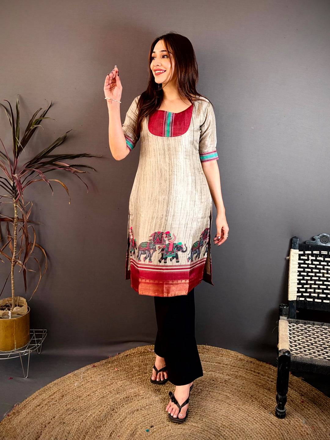 Classic Round Neck Soft Dola Silk Kurti