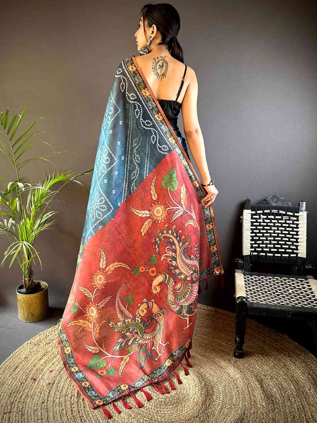 Blue Tissue Bandhej Kalamkari Saree