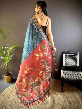 Blue Tissue Bandhej Kalamkari Saree