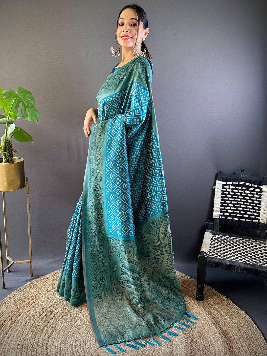 Teal Patola Kalamkari Saree