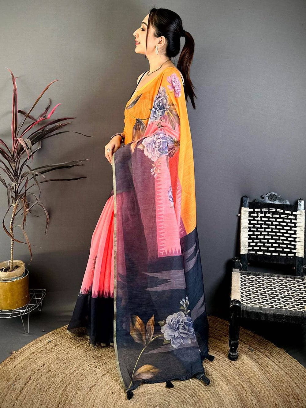 Classic Floral Linen Chanderi Saree