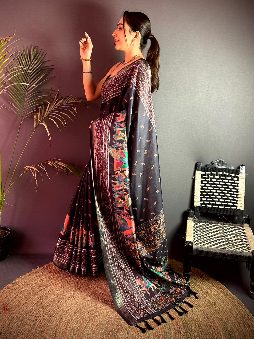 Coffee Kashmiri Kalamkari Soft Silk Saree