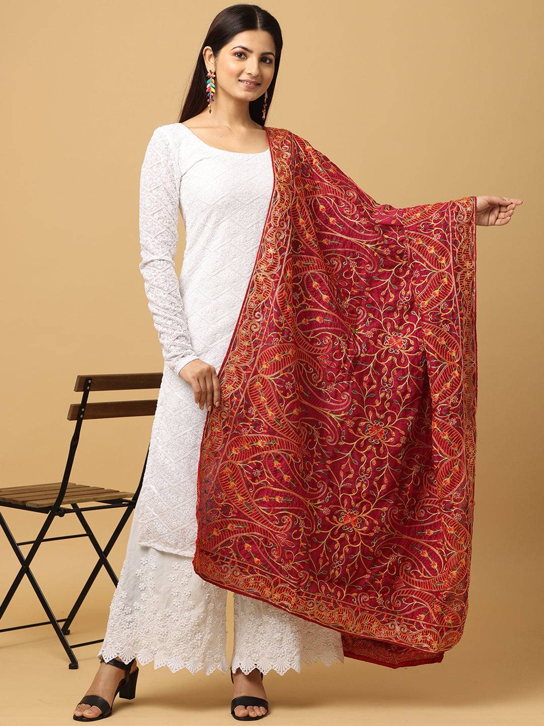 Wine color chiffon dupatta with pashmina threadwork, front view.