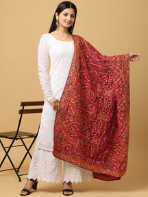 Wine color chiffon dupatta with pashmina threadwork, front view.