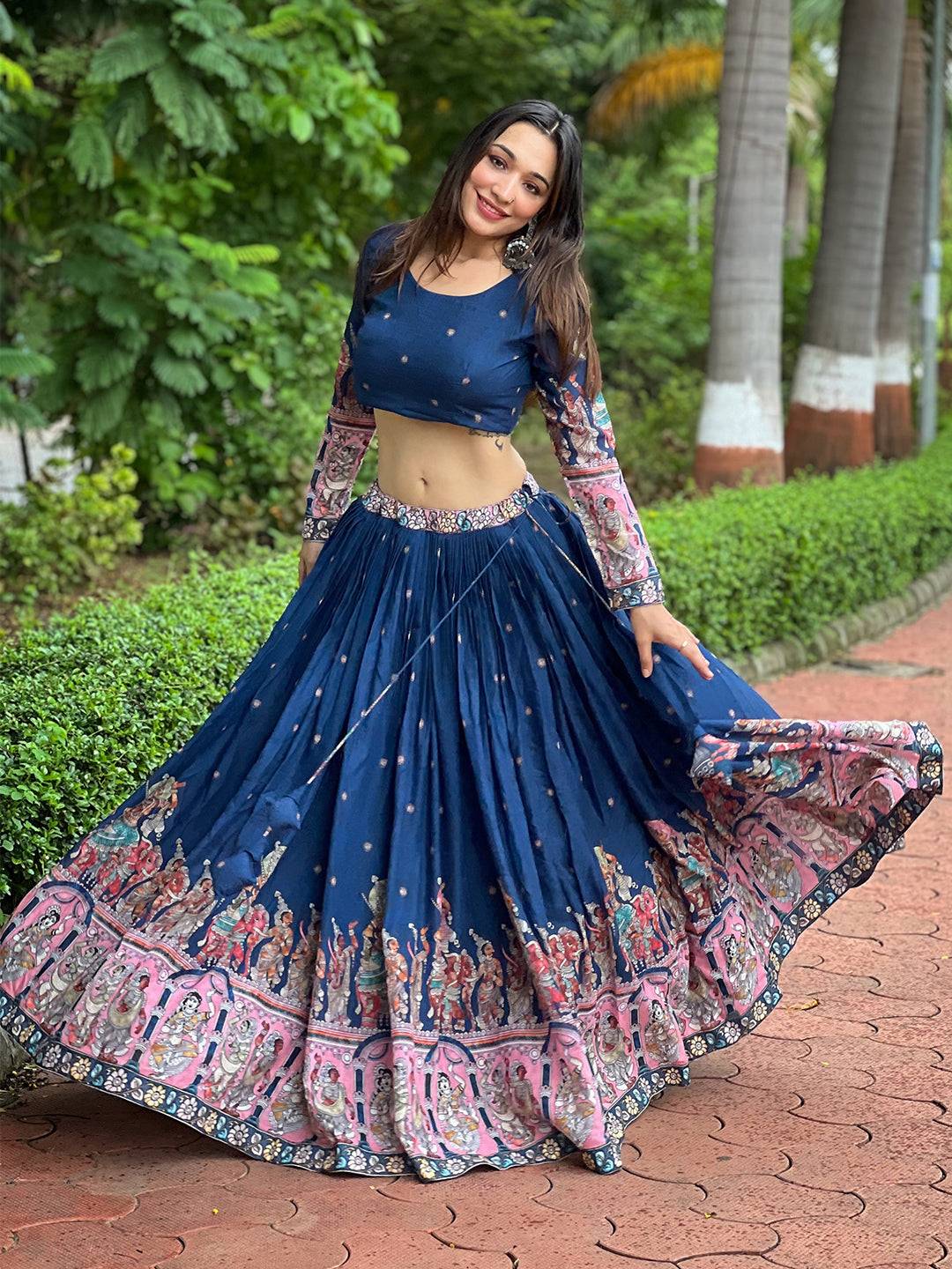 Model posing in Admiral Blue Kalamkari Lehenga
