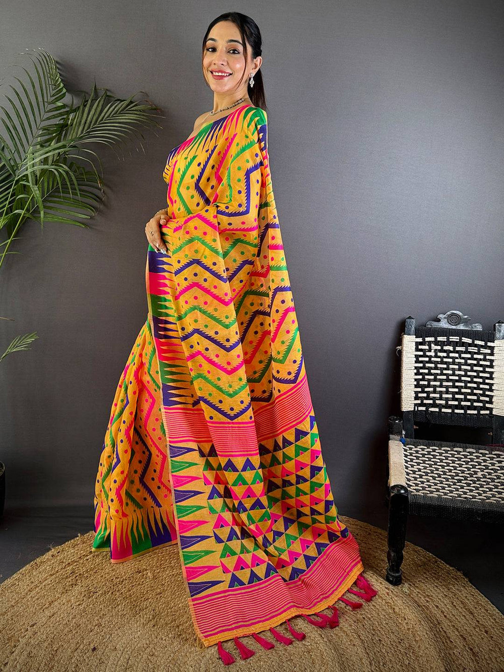 Mustard Yellow Dhakai Cotton Jamdani Saree