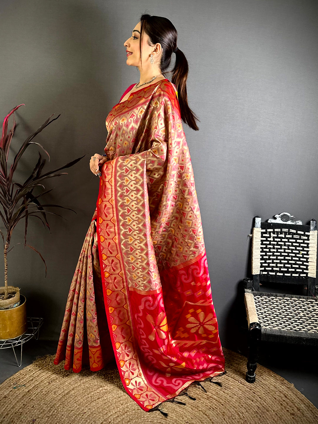 Radiant Peach Ikkat Soft Silk Saree