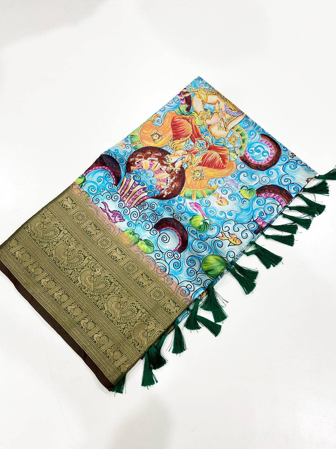 Aqua Banarasi Silk Kalamkari Saree