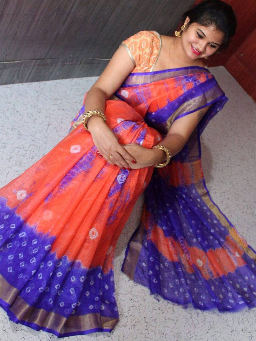 Orange Kota Doriya Bandhej Saree