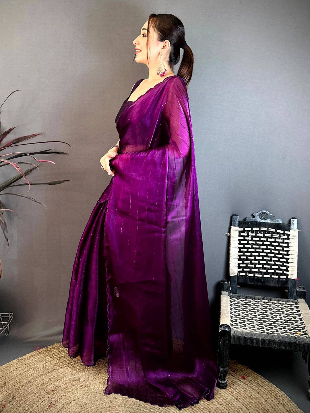 Wine Soft Chinon Chiffon Embroidered Saree
