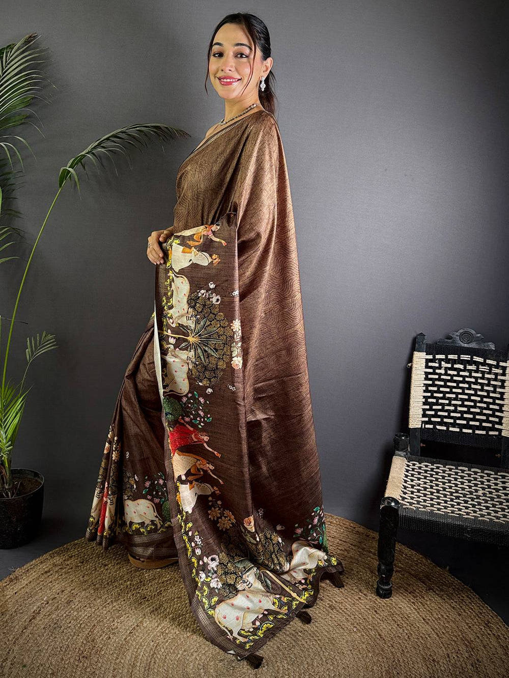 Coffee Brown Pichwai Print Tussar Silk Saree


