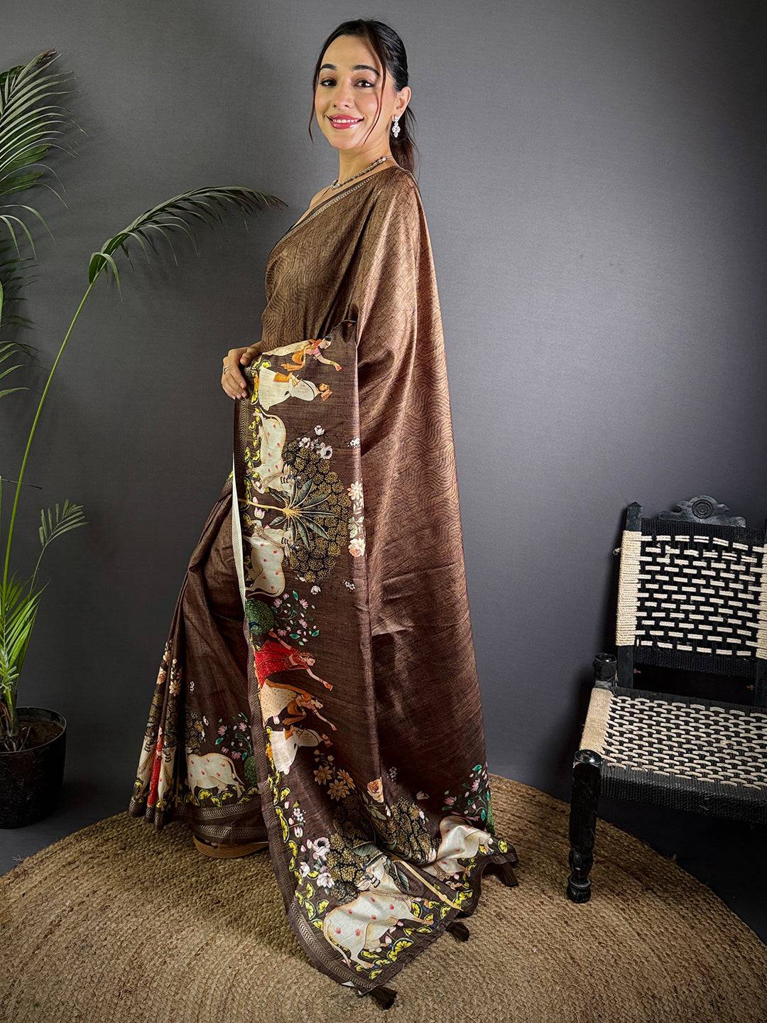 Coffee Brown Pichwai Print Tussar Silk Saree


