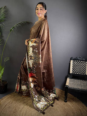 Coffee Brown Pichwai Print Tussar Silk Saree


