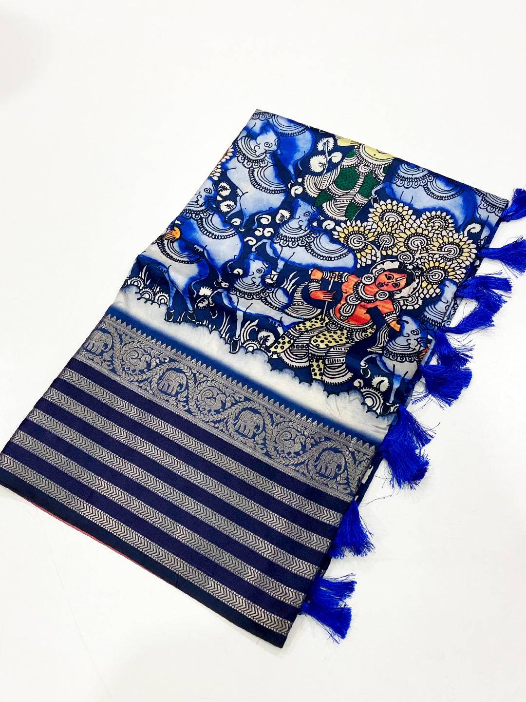 Royal Blue Kalamkari Printed Banarasi Saree