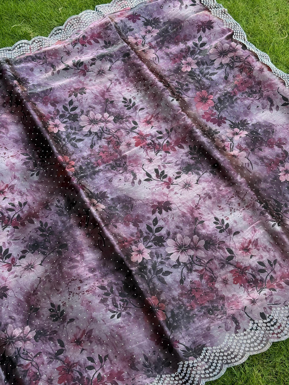 Imported Glass Satin Silk Diamond Work Saree