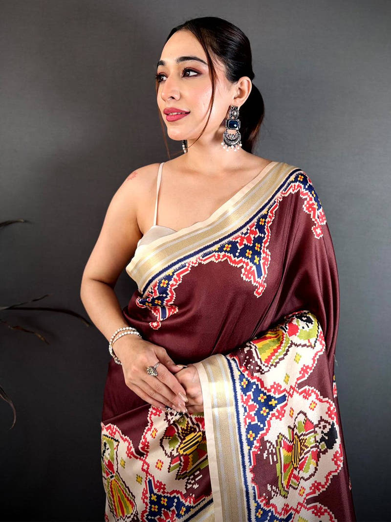 Maroon Patola Print Soft Kanchi Silk Saree
