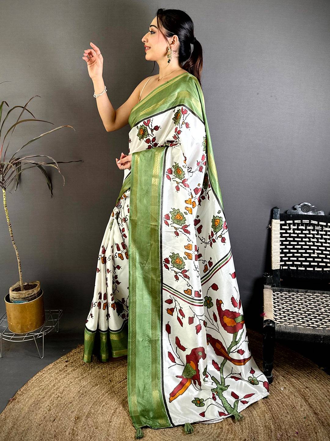 Pista Soft Dola Floral Print Gadwal Border Saree