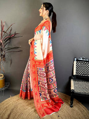 Ivory Tanjore Ikkar Digital Tussar Saree
