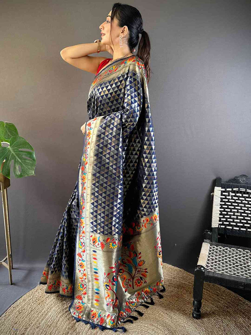 Navy Silk Blend Woven Zari Work Paithani Saree

