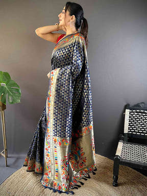 Navy Silk Blend Woven Zari Work Paithani Saree


