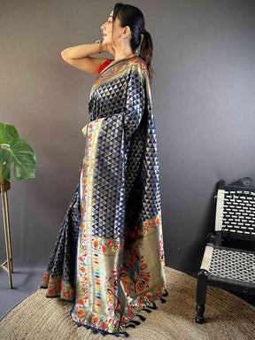 Navy Silk Blend Woven Zari Work Paithani Saree

