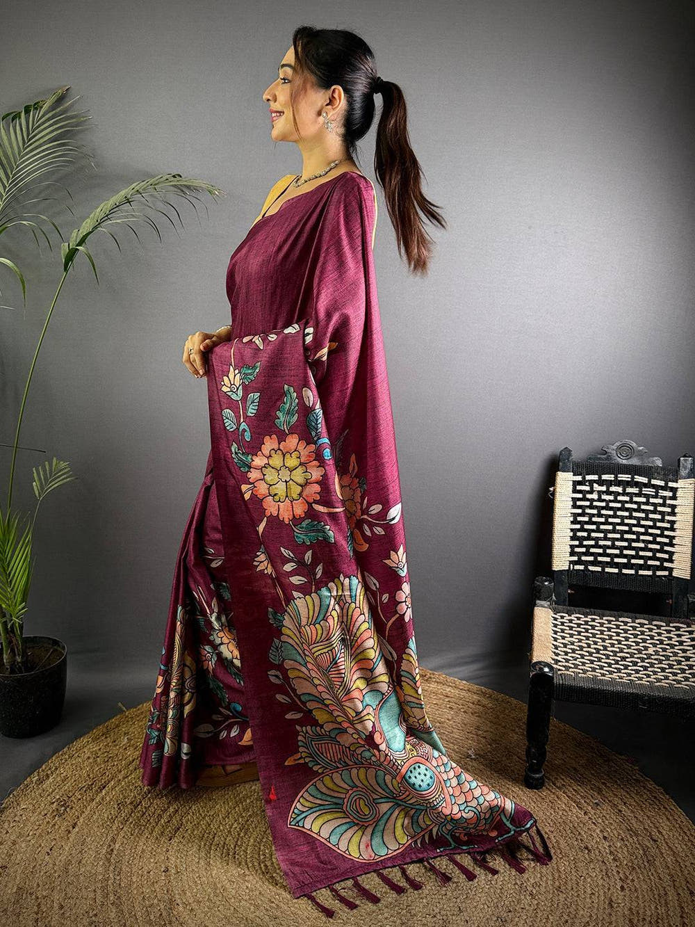 Wine Soft Semi Tussar Digital Print Saree

