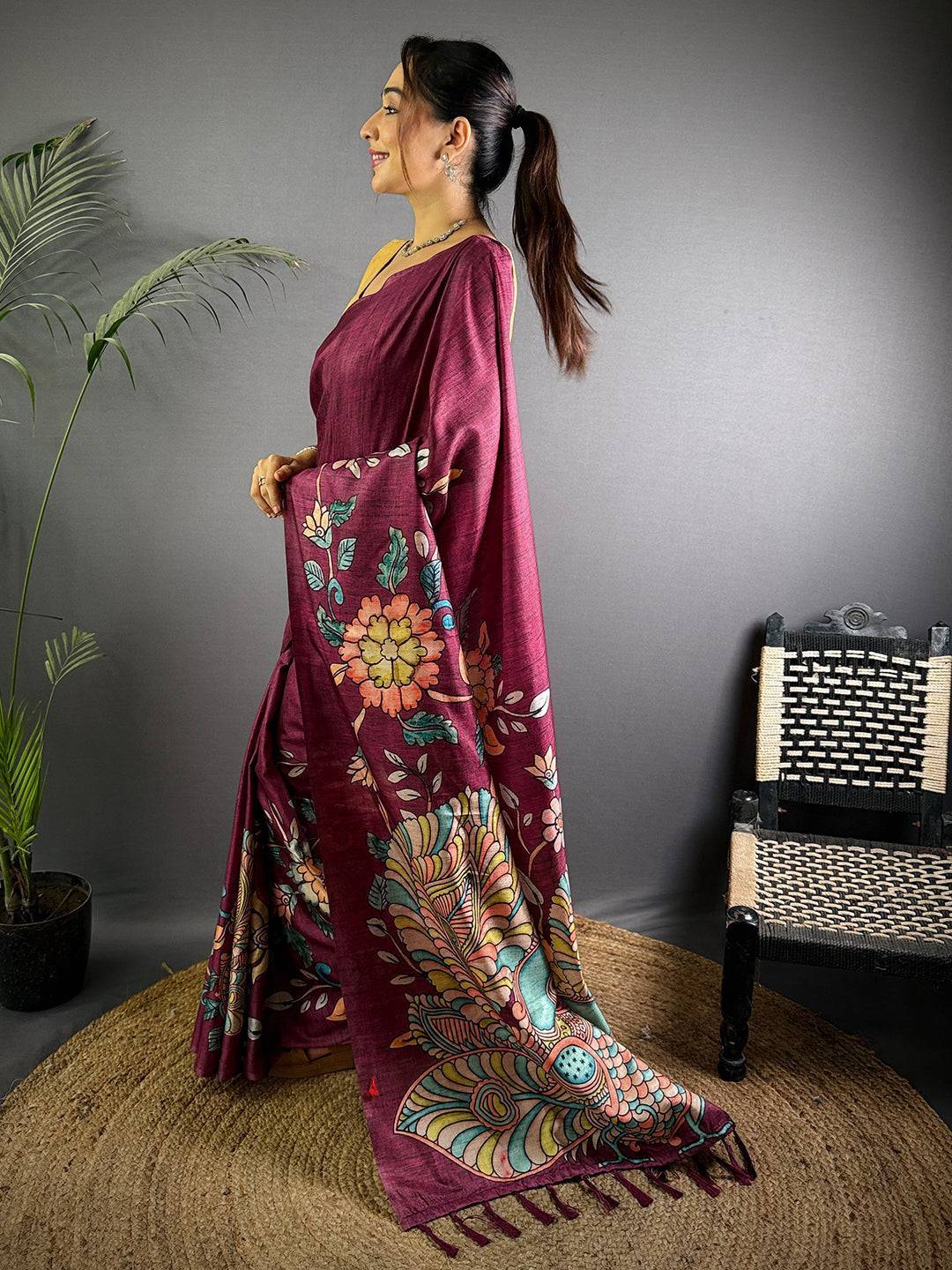 Wine Soft Semi Tussar Digital Print Saree

