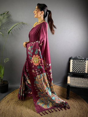 Wine Soft Semi Tussar Digital Print Saree

