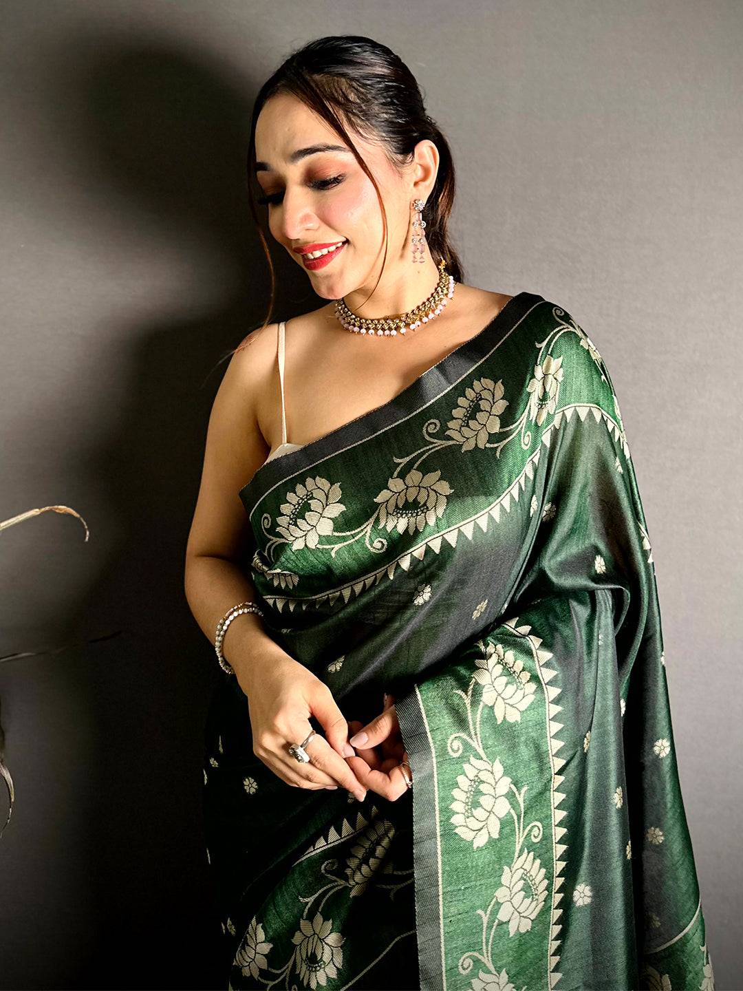 Green Katan Silk Thread Work Saree