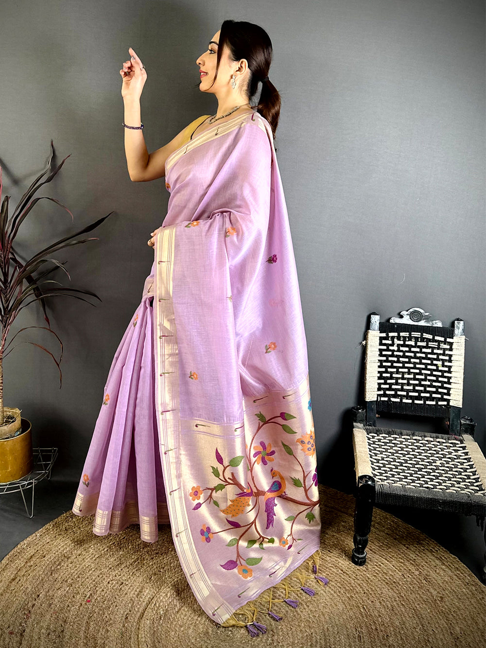 Lavender Sunflower Minakari Khadi Saree
