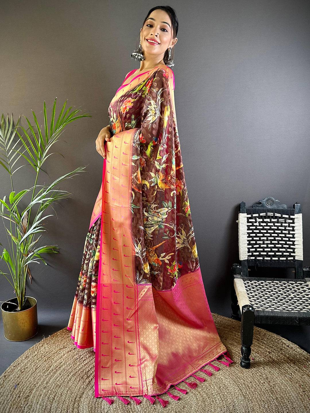 Brown Paithani Kora Silk Saree