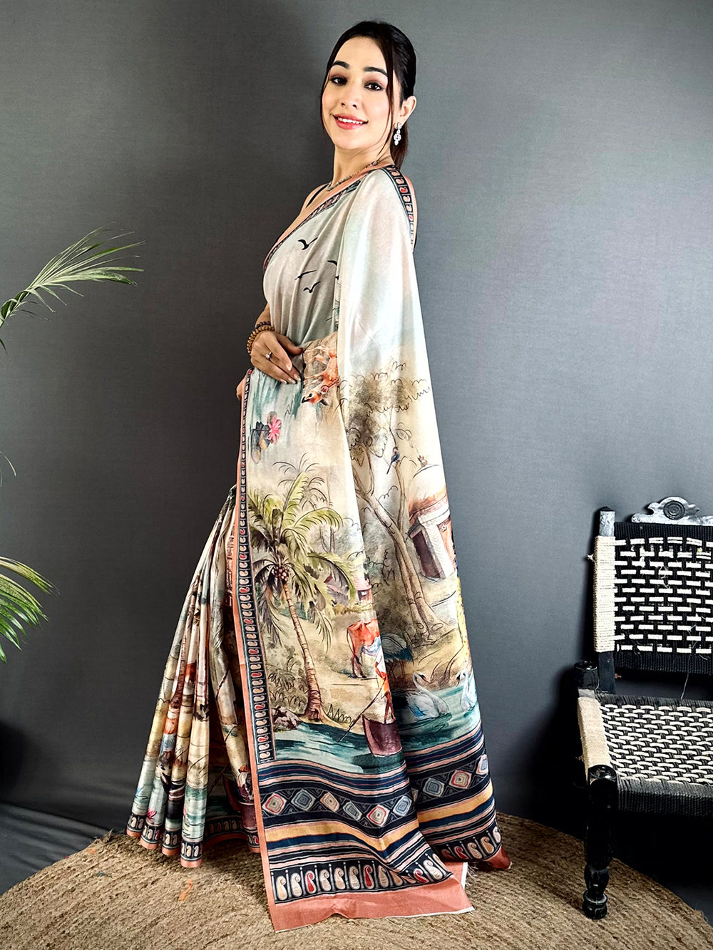 Stylish Free-Hand Semi Tussar Saree
