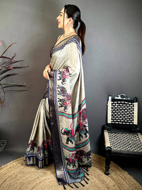 Stylish Block Print Dola Silk Saree