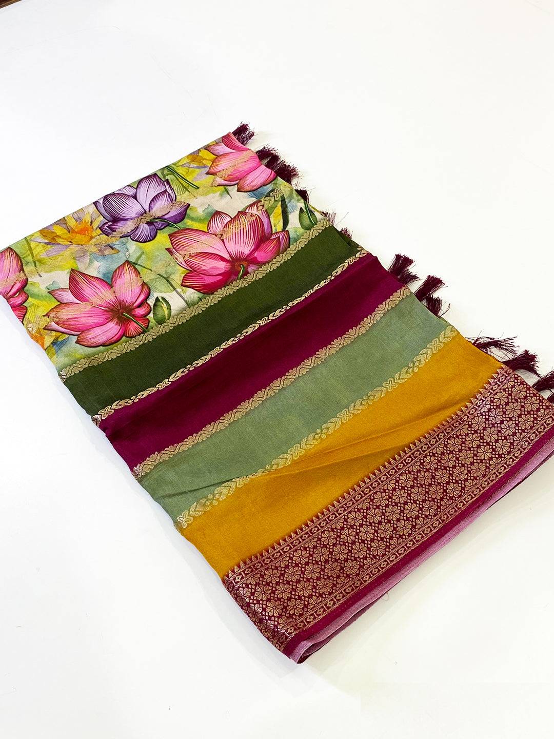 Elegant Soft Silk Floral Zari Stripe Saree