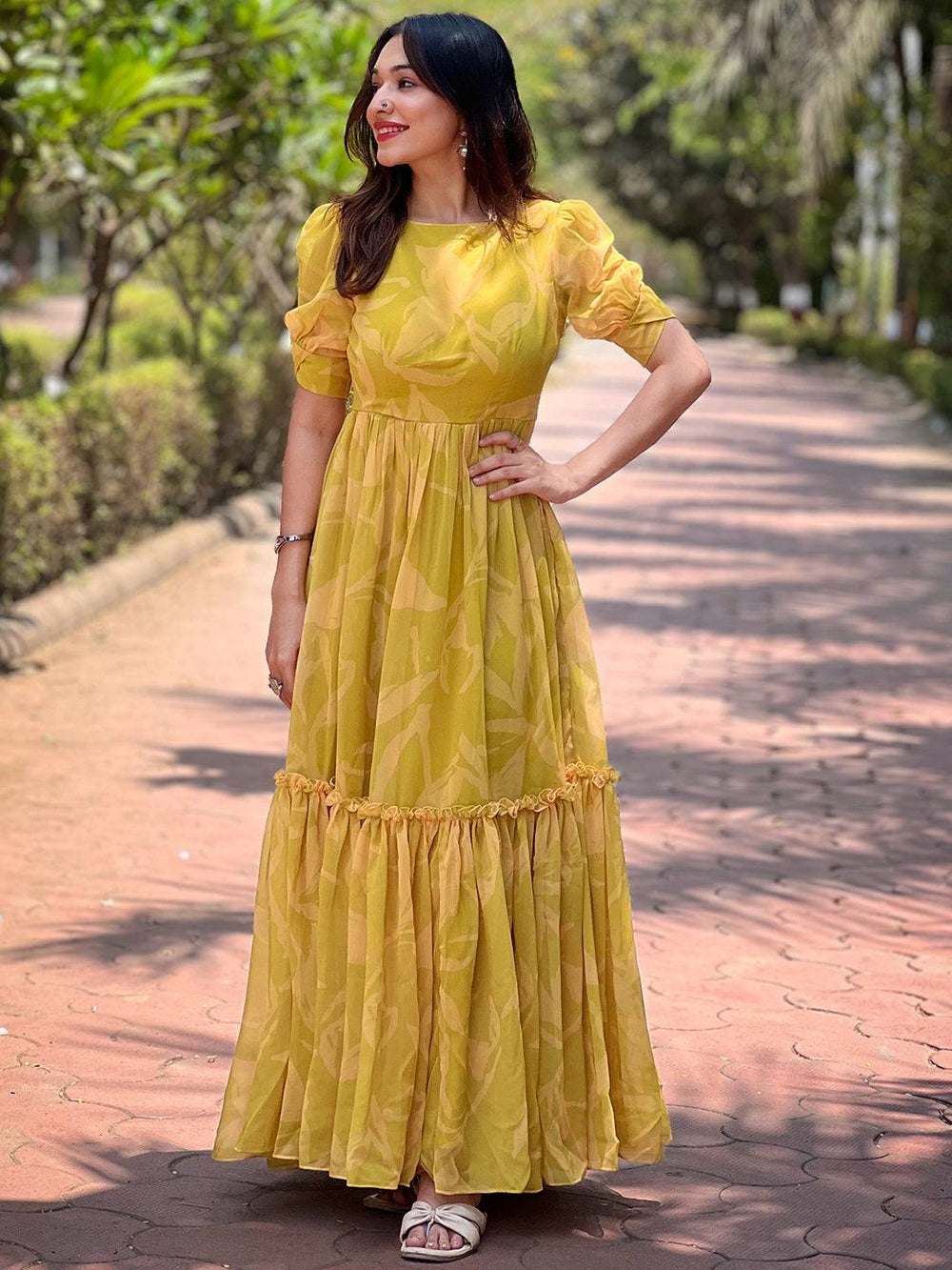 Elegant lime yellow dress with abstract print design