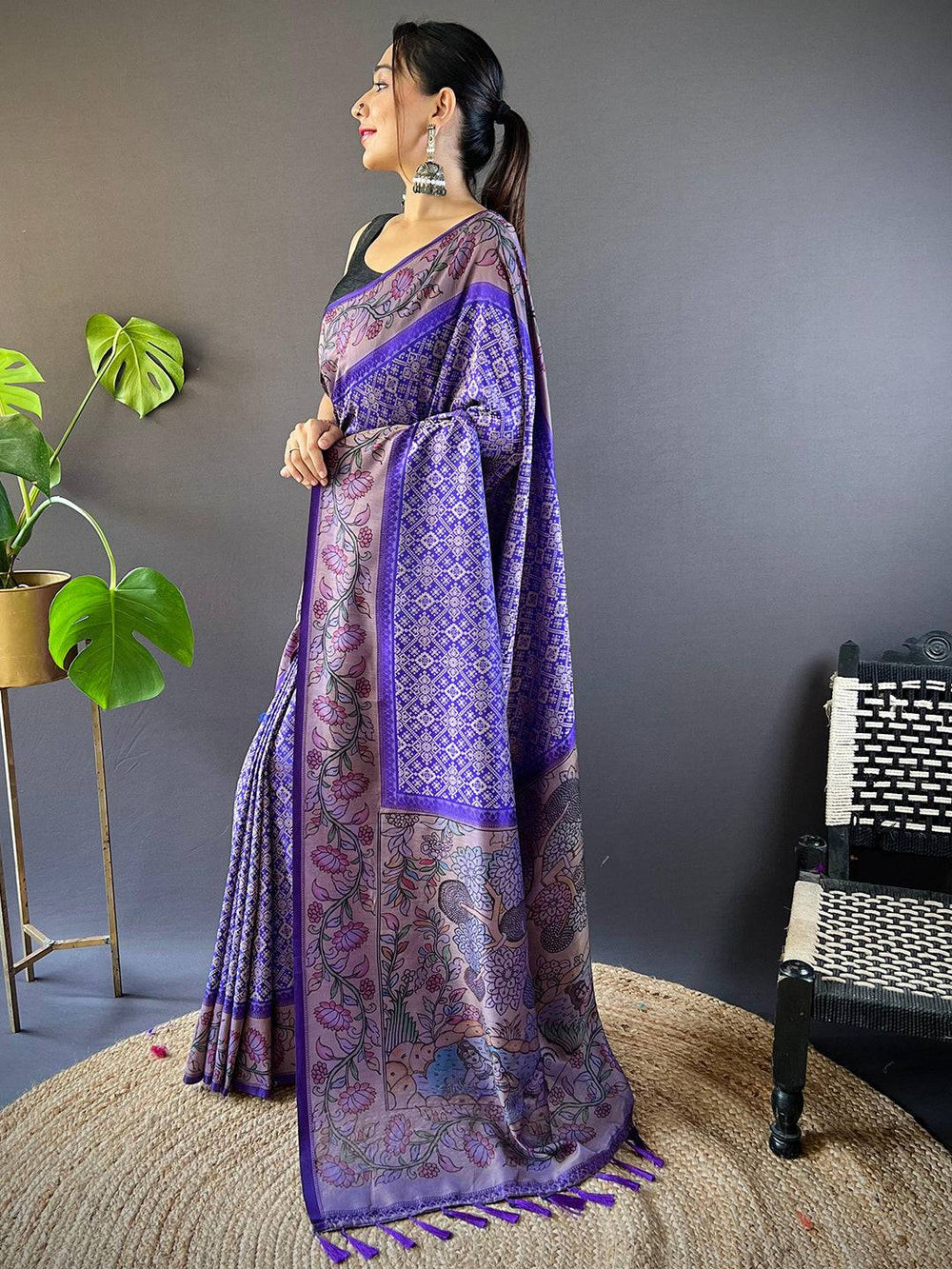 Persian Blue Patola And Kalamkari Fusion Saree