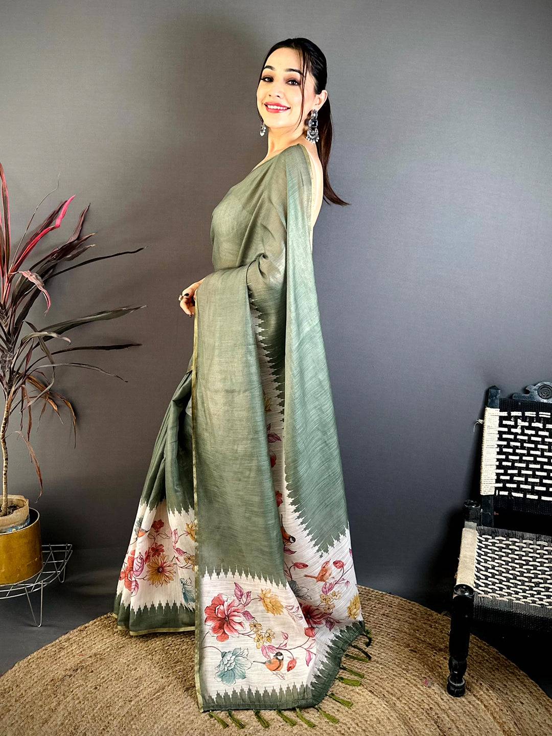 Olive Floral Ikat Linen Chanderi Saree