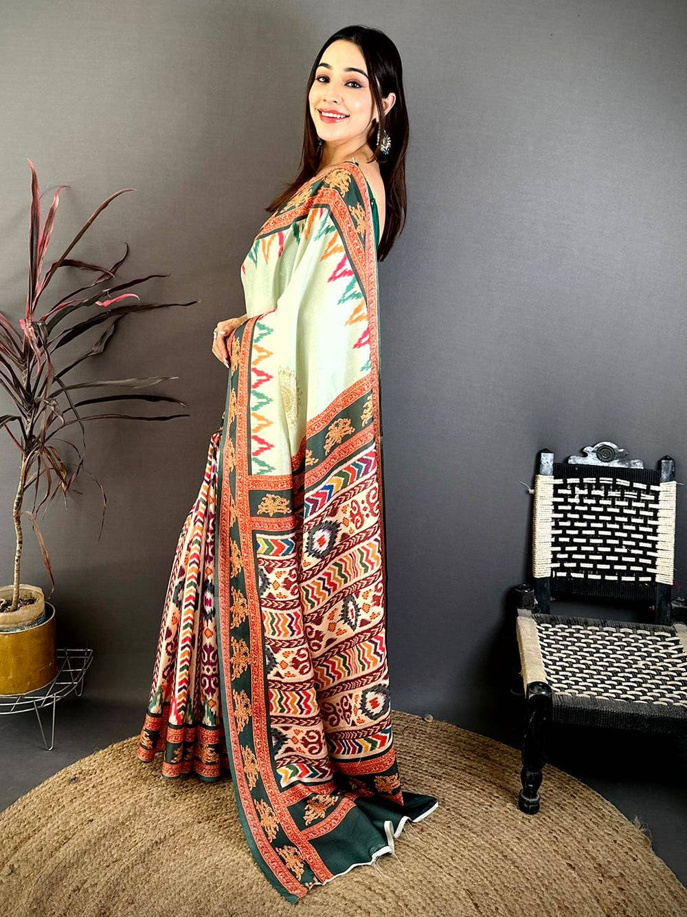 Pista Tanjore Ikkar Digital Tussar Saree