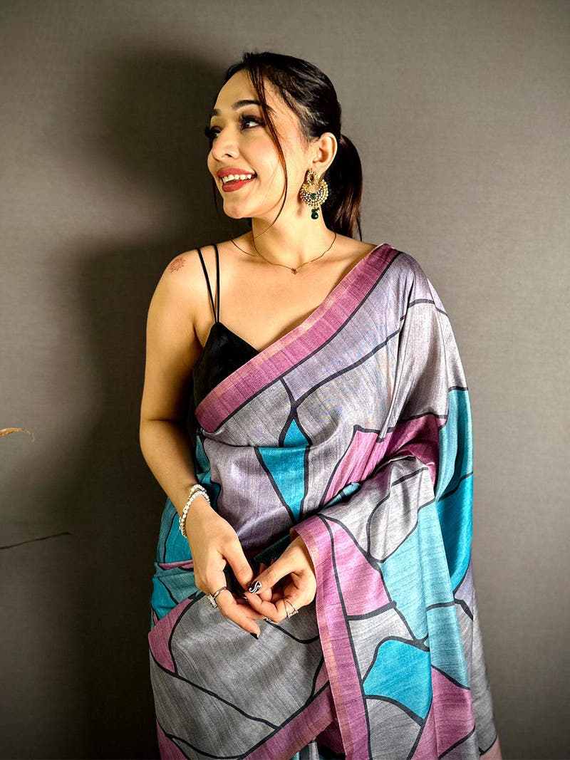 Tussar Multi Colour Ghicha Print Saree
