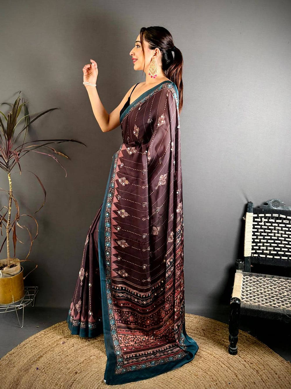 Coffee Brown Ajrakh Digital Printed Saree