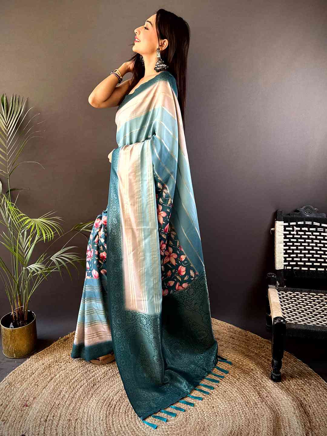 Teal Blue Crepe Silk Floral Saree