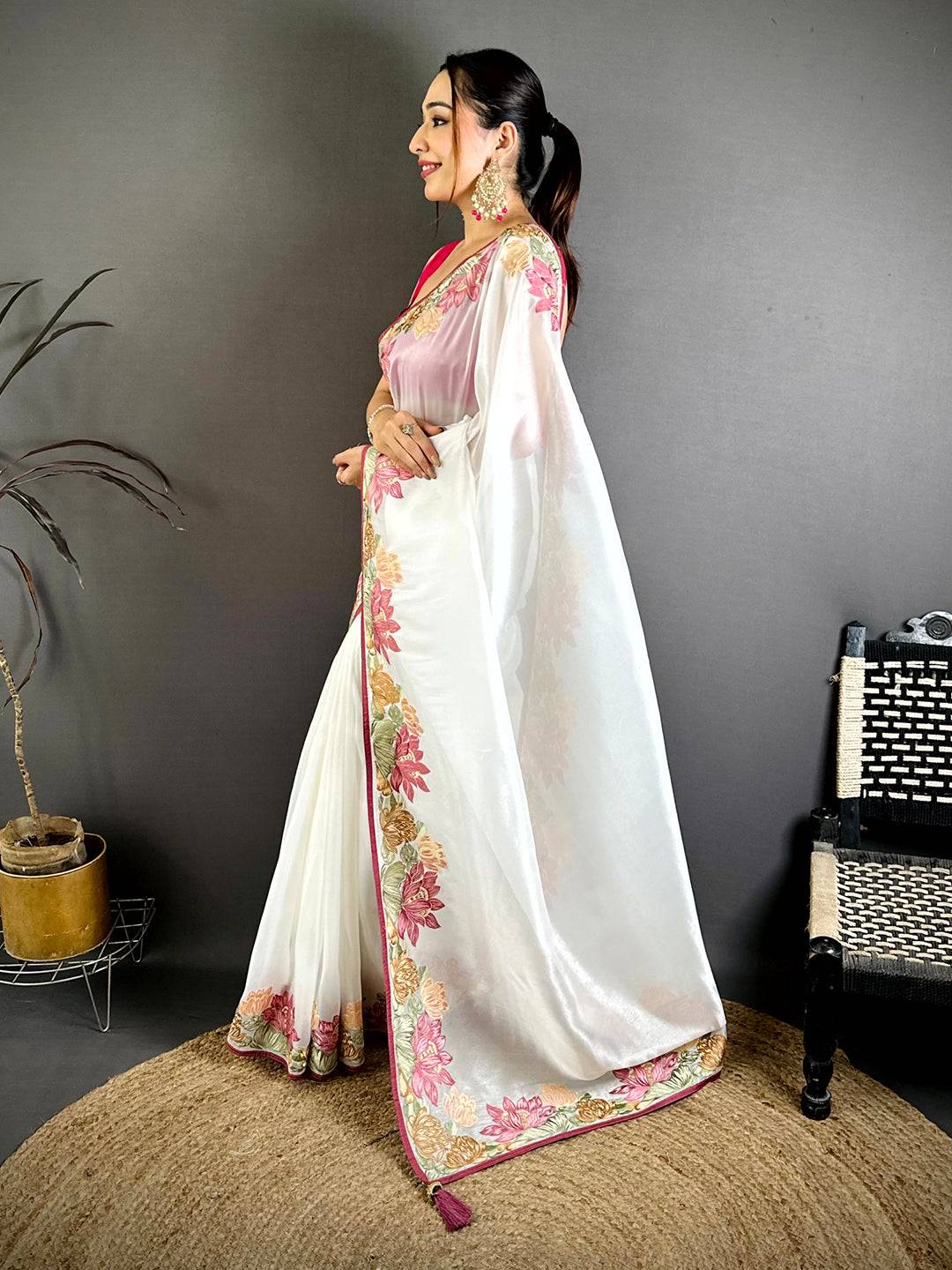 White Silky Tissue Resham Border Saree