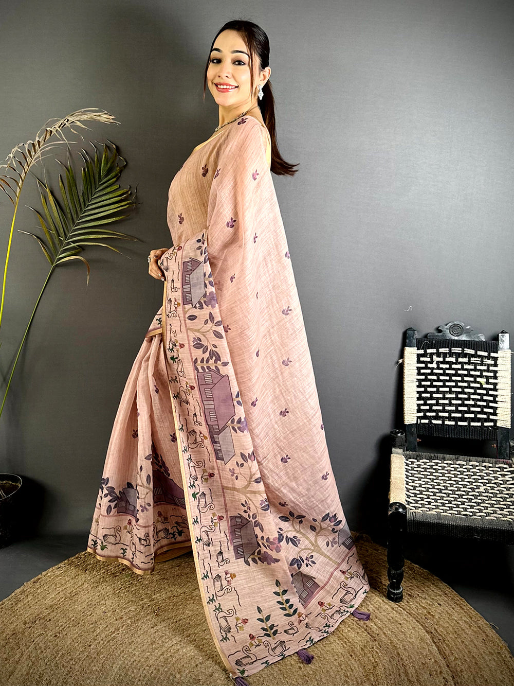 Pink Kalamkari Madhubani Print Saree