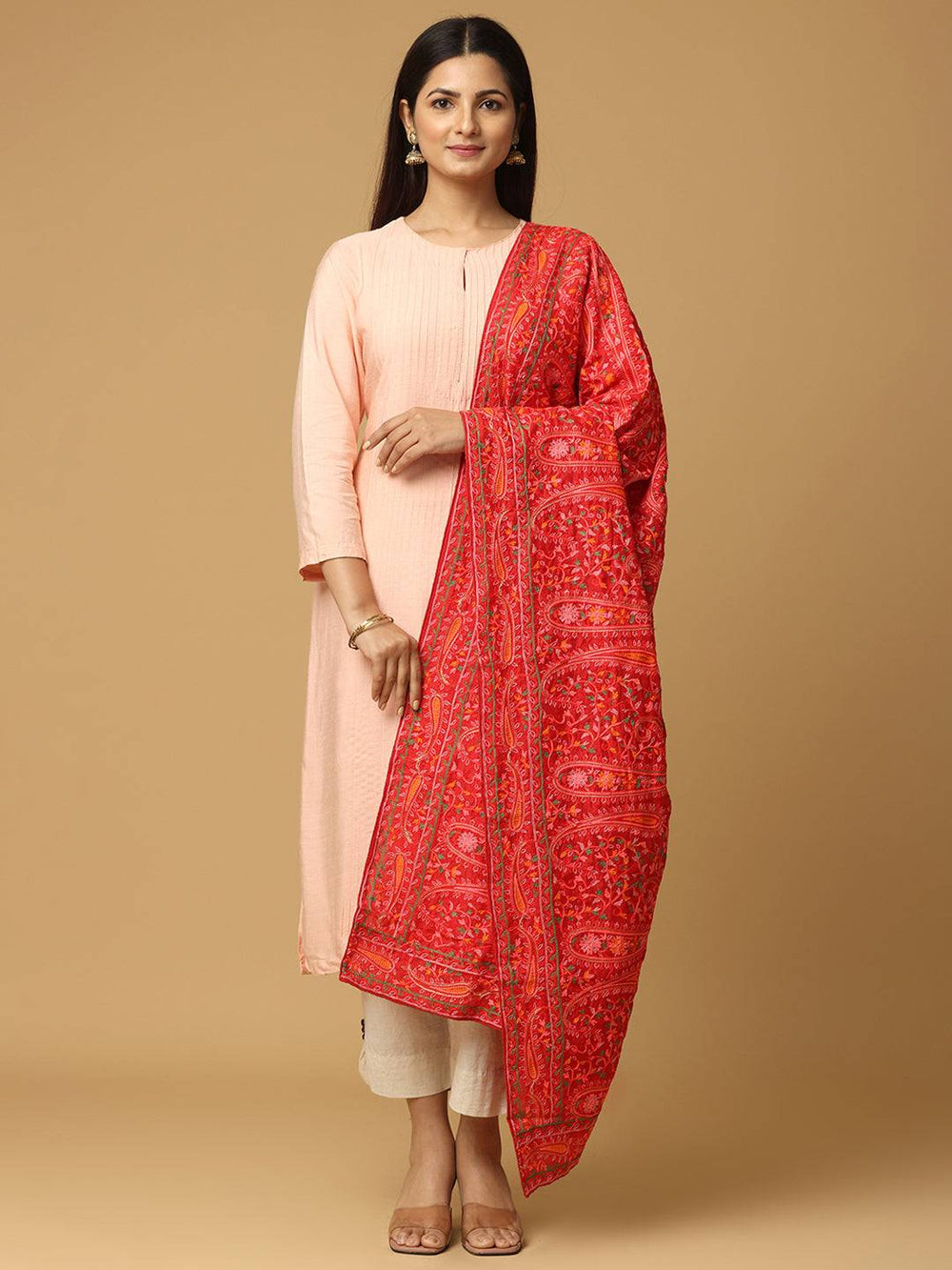 Front view of Red Poly Chiffon Pashmina Dupatta