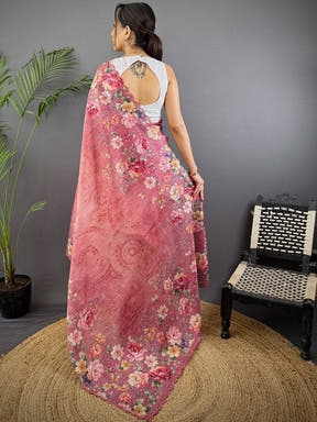 Rose Pink Kota Floral Digital Cut Work Saree