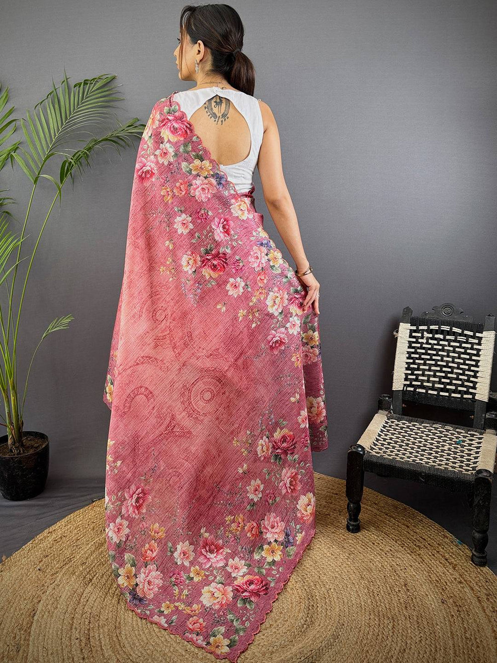 Rose Pink Kota Floral Digital Cut Work Saree