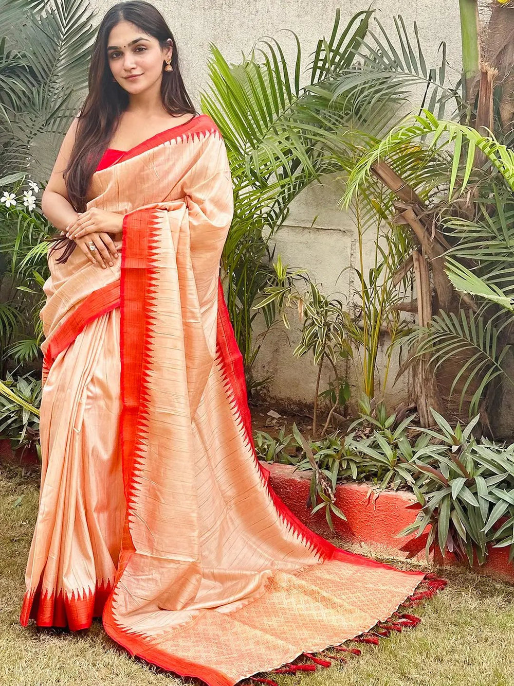 Elegant Ghicha Silk Saree in Peach with Zari Border