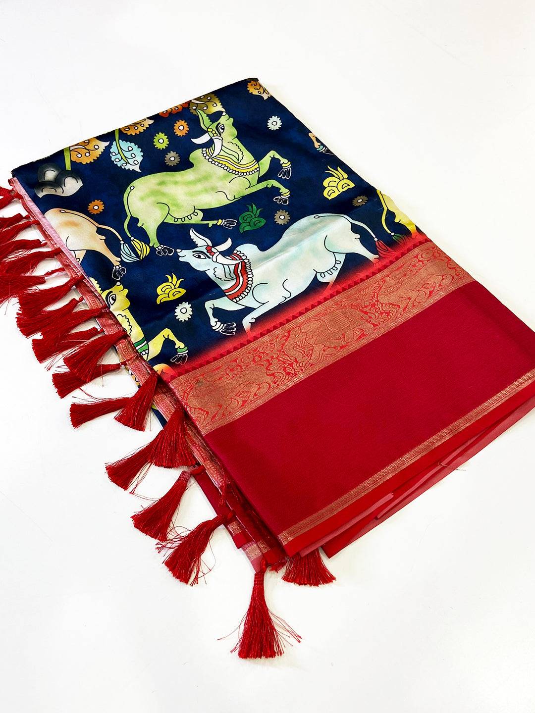 Elegant Navy Blue Kalamkari Banarasi Saree